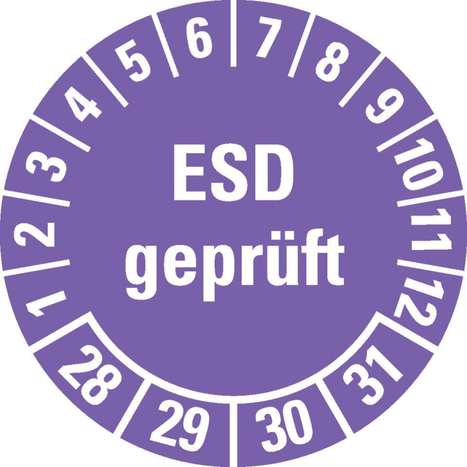 Prüfplakette ESD geprüft 28-31, violett, Dokumentenfolie, Ø 30mm, 18/Bogen