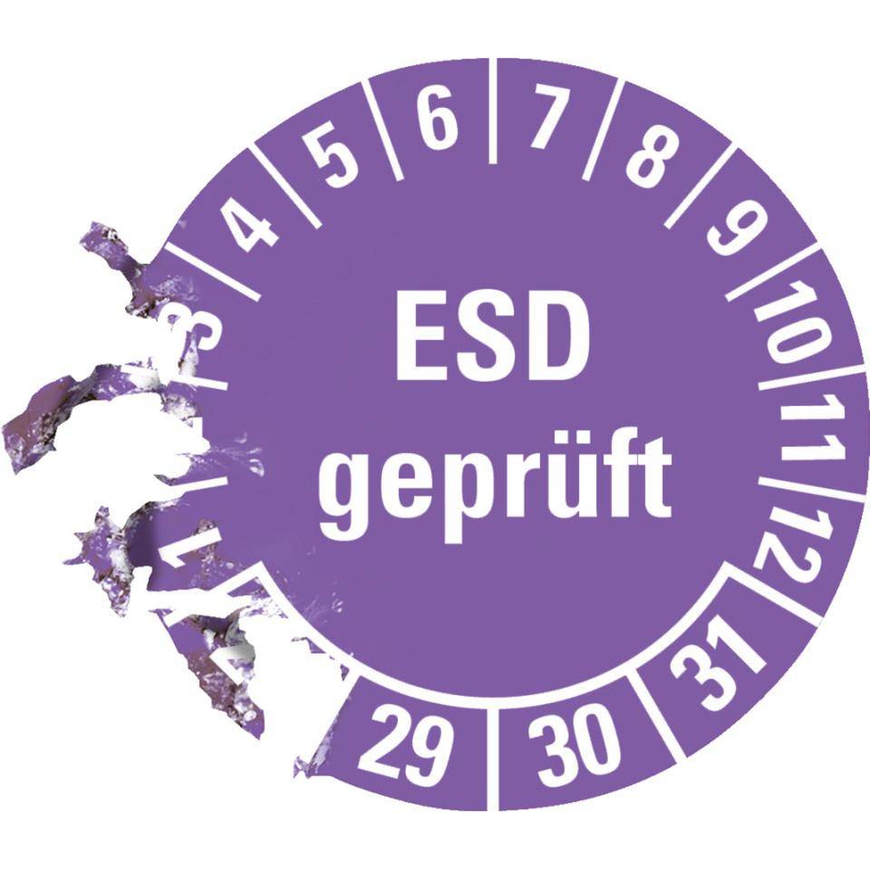 Prüfplakette ESD geprüft 28-31, violett, Dokumentenfolie, Ø 30mm, 18/Bogen