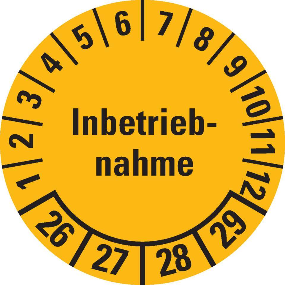 Prüfplakette Inbetriebnahme 26-29, gelb, Dokumentenfolie, Ø 30mm, 18/Bogen