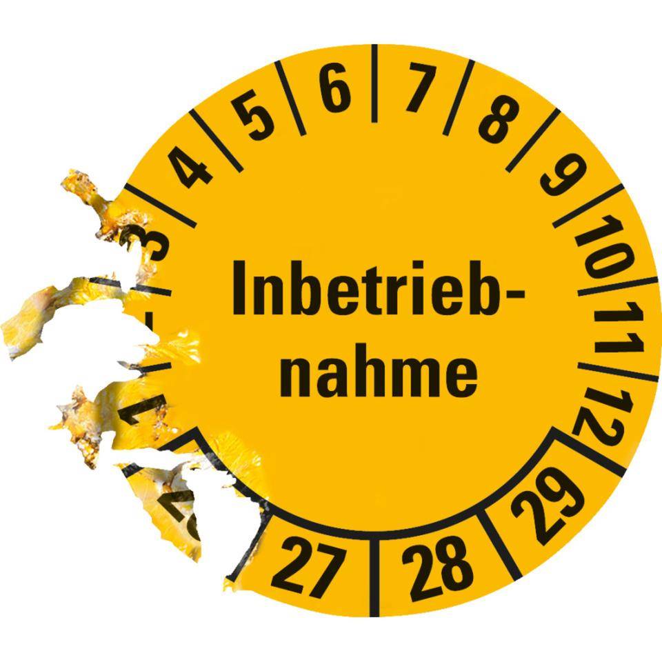 Prüfplakette Inbetriebnahme 26-29, gelb, Dokumentenfolie, Ø 30mm, 18/Bogen