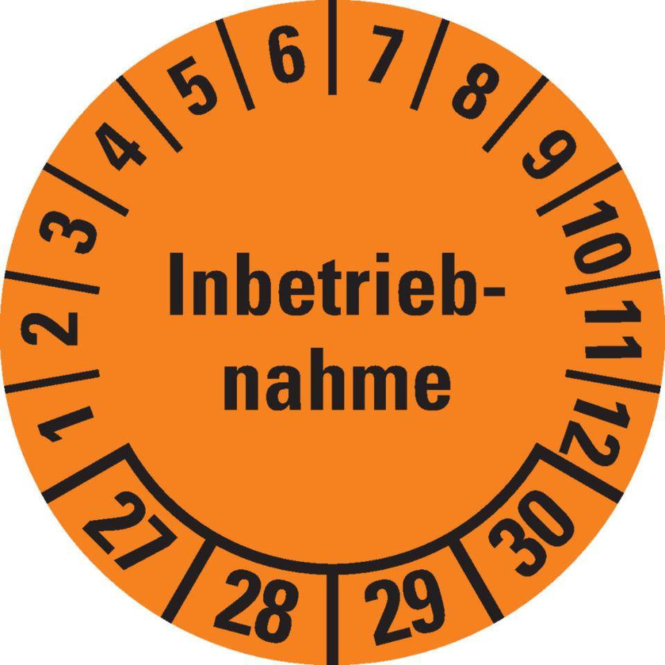 Prüfplakette Inbetriebnahme 27-30, orange, Dokumentenfolie, Ø 30mm, 18/Bogen