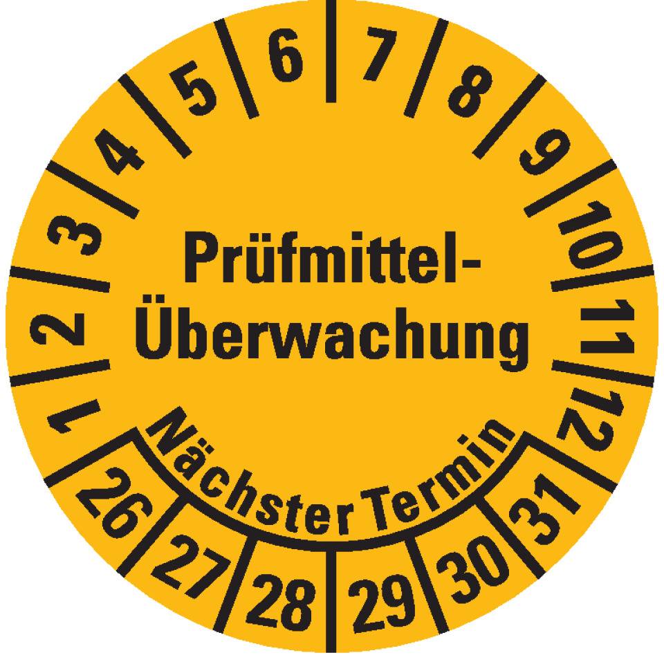 Prüfplakette Prüfmitteltel-Überwachung Nächster Termin 26-31, gelb, Dokumentenfolie, Ø 20mm, 36/Bogen