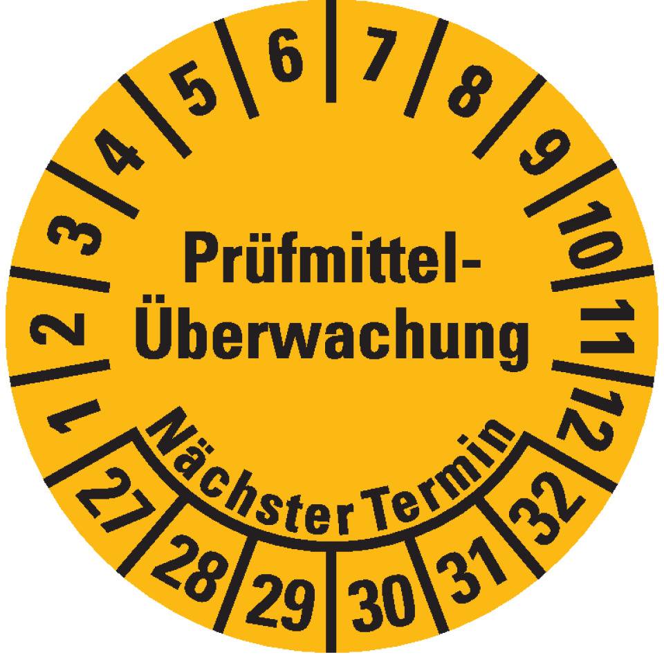 Prüfplakette Prüfmitteltelü. Nächster Termin 27-32, gelb, Dokumentenfolie, Ø 20mm, 36/Bogen