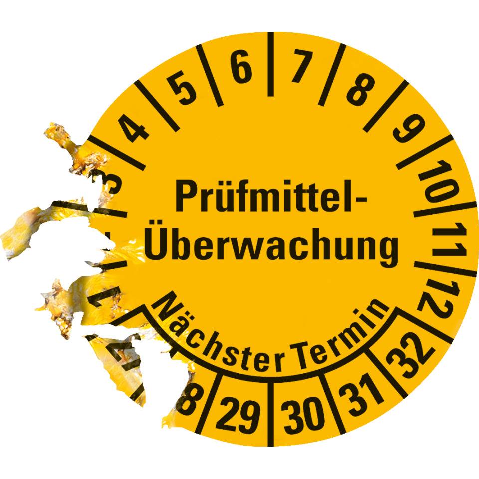 Prüfplakette Prüfmitteltelü. Nächster Termin 27-32, gelb, Dokumentenfolie, Ø 20mm, 36/Bogen