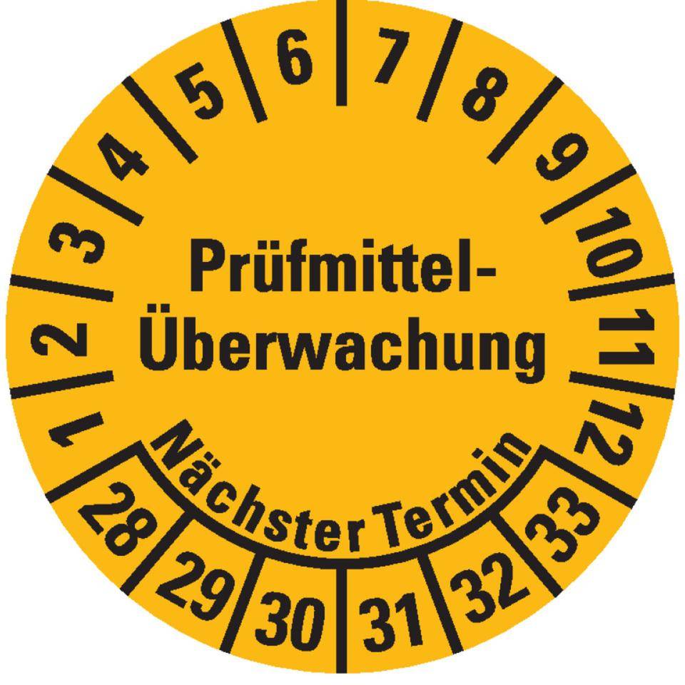 Prüfplakette Prüfmitteltelü.Nächster Termin 28-33, gelb, Dokumentenfolie, Ø 20mm, 36/Bogen