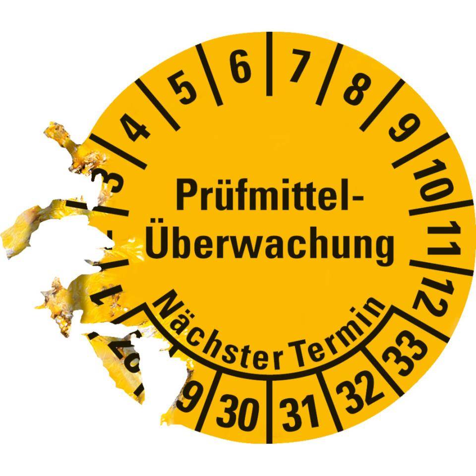Prüfplakette Prüfmitteltelü.Nächster Termin 28-33, gelb, Dokumentenfolie, Ø 20mm, 36/Bogen