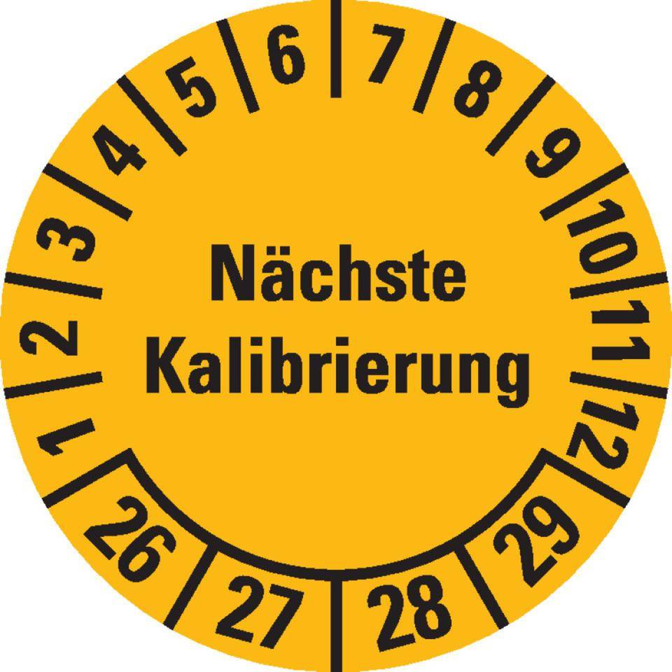 Prüfplakette Nächste Kalibrierung 26-29, gelb, Dokumentenfolie, Ø 20mm, 36/Bogen