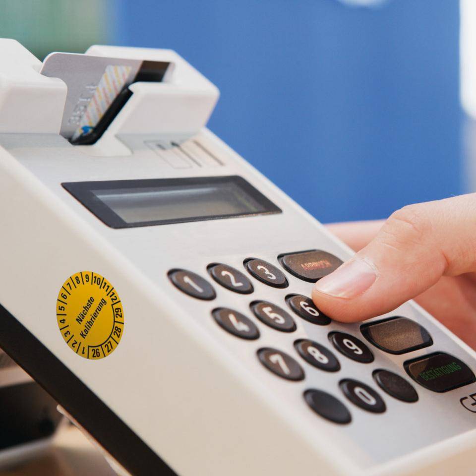 Prüfplakette Nächste Kalibrierung 26-29, gelb, Dokumentenfolie, Ø 20mm, 36/Bogen