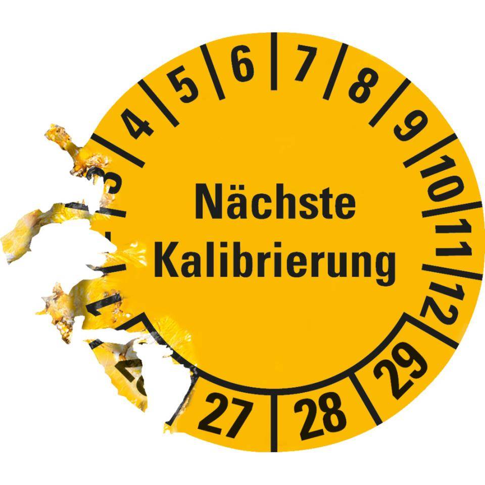 Prüfplakette Nächste Kalibrierung 26-29, gelb, Dokumentenfolie, Ø 20mm, 36/Bogen