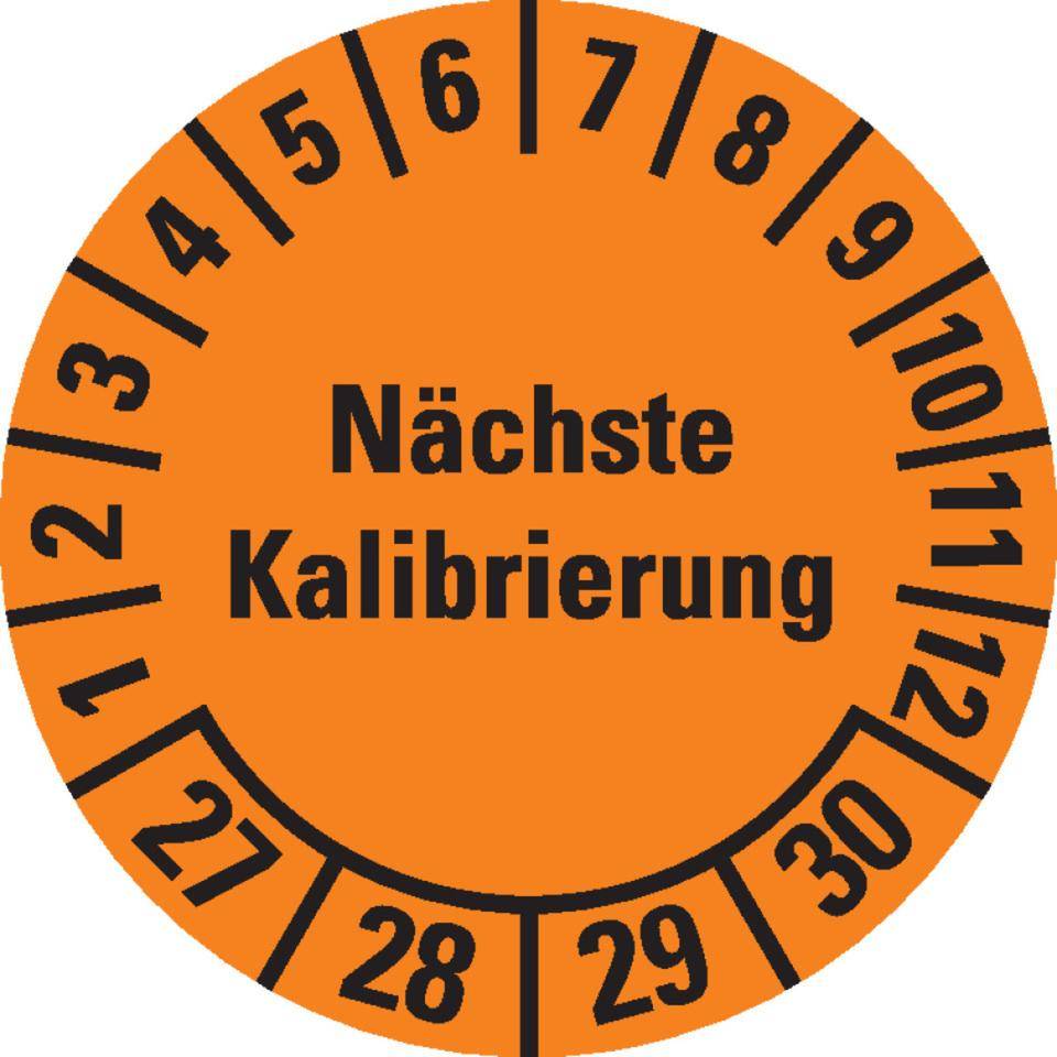 Prüfplakette Nächste Kalibrierung 27-30, orange, Dokumentenfolie, Ø 20mm, 36/Bogen