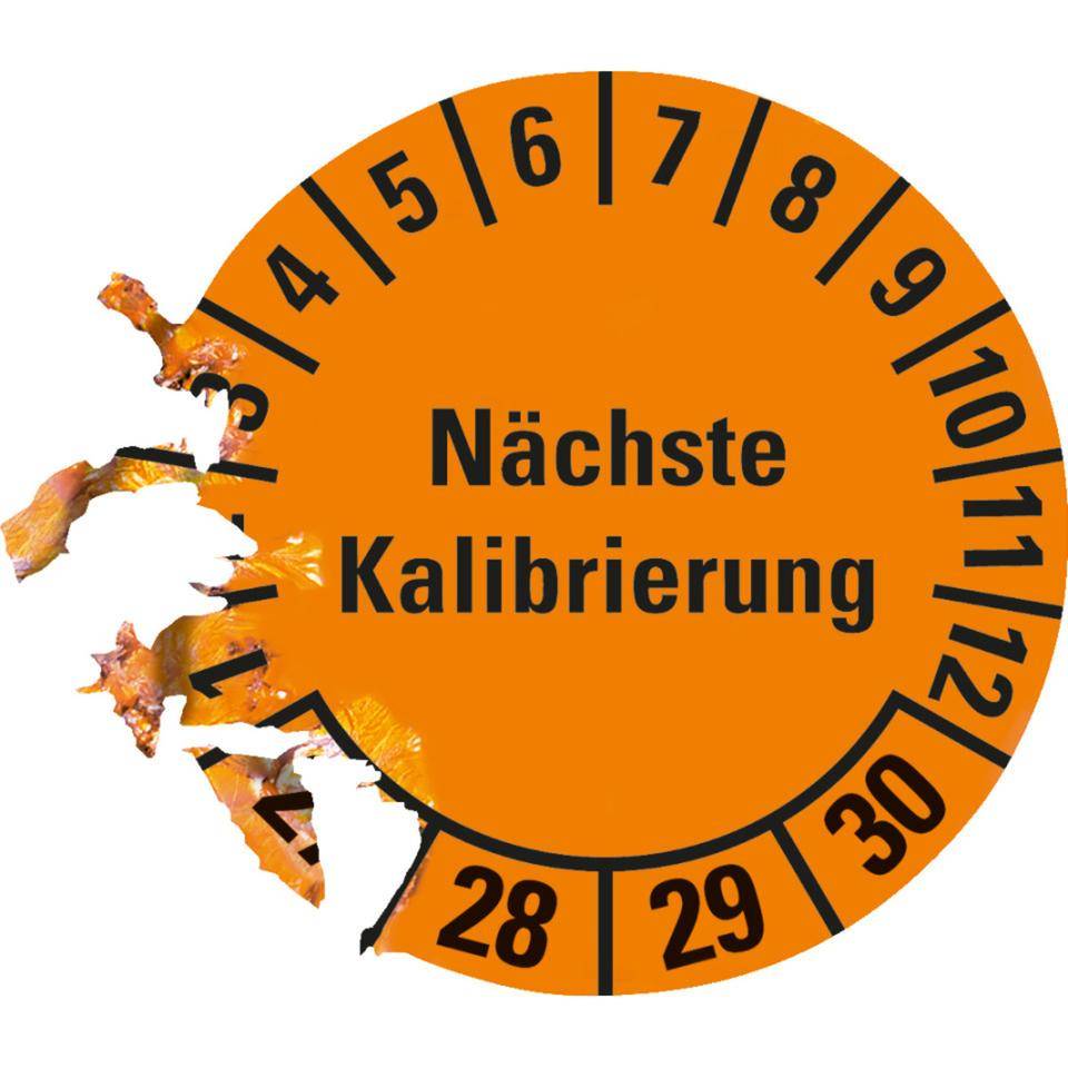 Prüfplakette Nächste Kalibrierung 27-30, orange, Dokumentenfolie, Ø 20mm, 36/Bogen