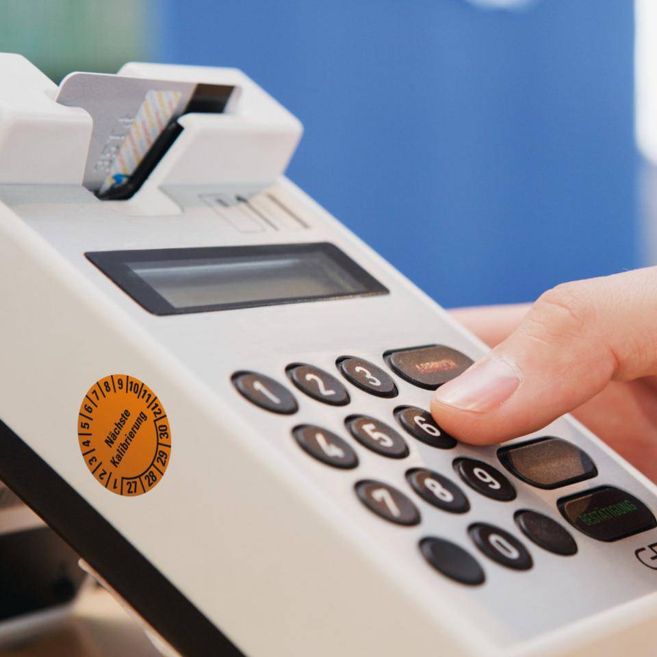 Prüfplakette Nächste Kalibrierung 27-30, orange, Dokumentenfolie, Ø 20mm, 36/Bogen
