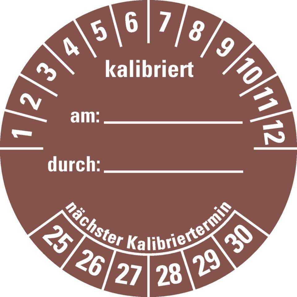 Prüfplakette kalibriert 25-30,braun,Dokumentenfolie,selbstklebend,Ø 40mm,10/Bogen