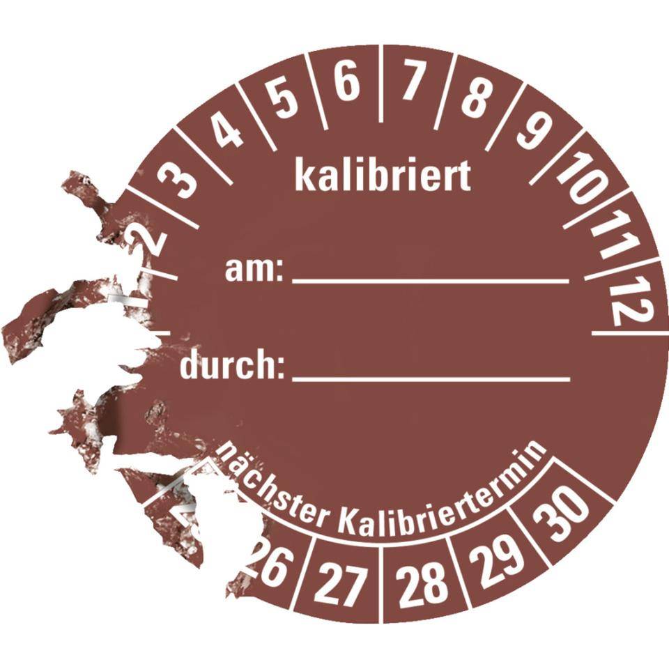 Prüfplakette kalibriert 25-30,braun,Dokumentenfolie,selbstklebend,Ø 40mm,10/Bogen