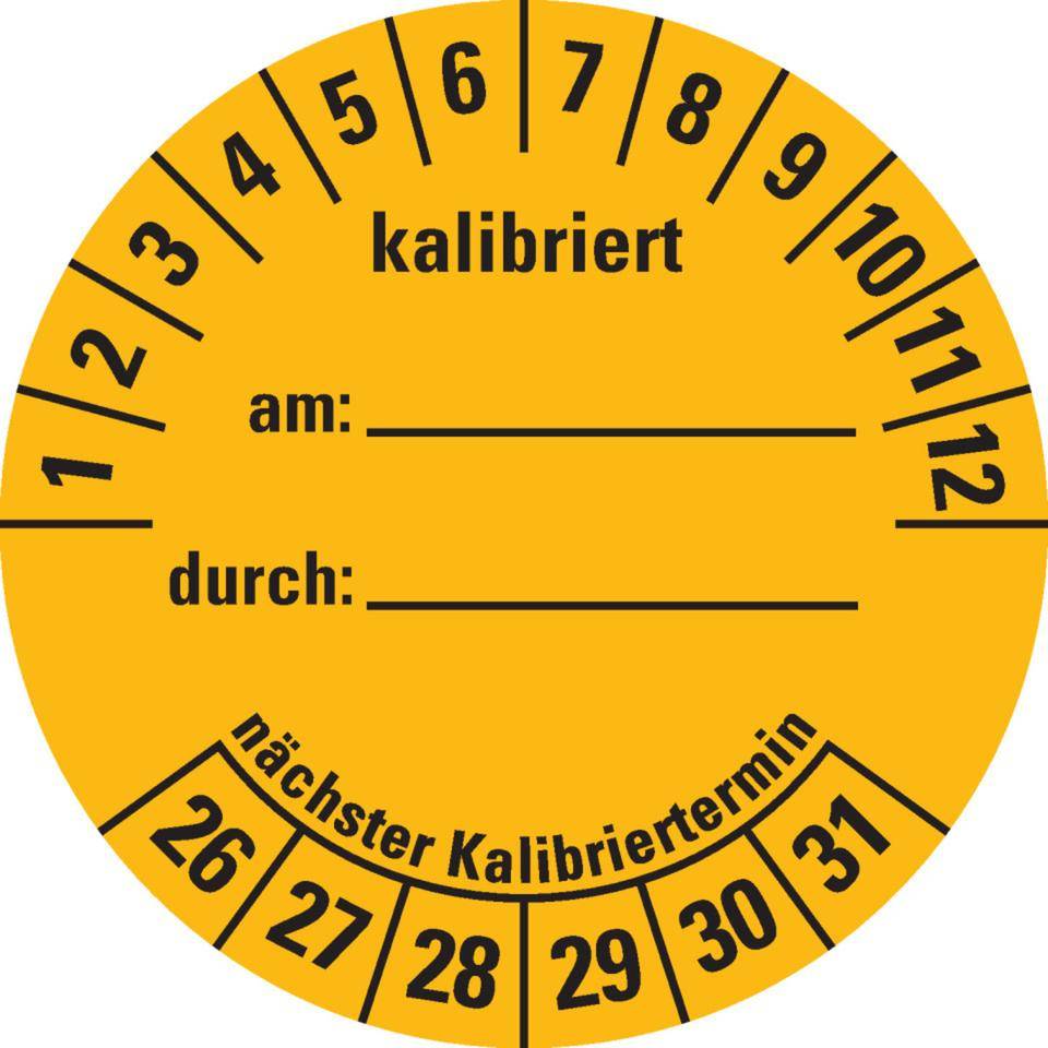 Prüfplakette kalibriert 26-31, gelb, Dokumentenfolie, selbstklebend, Ø 40mm, 10/Bogen