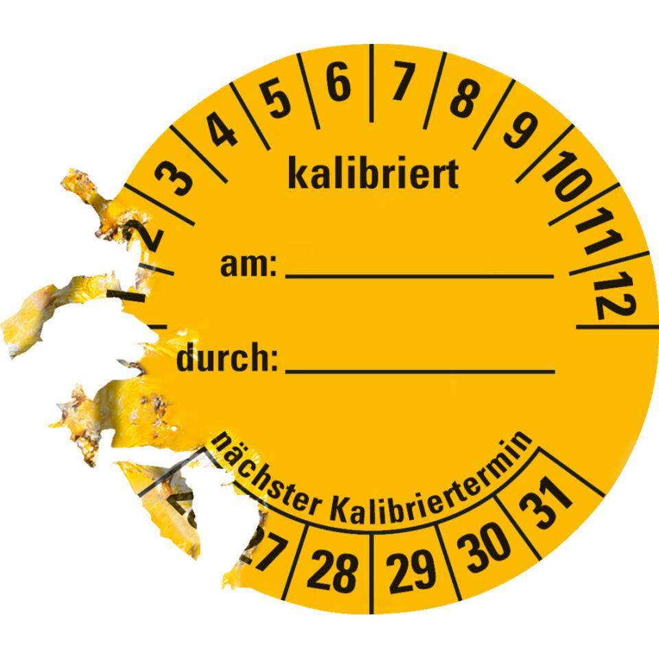 Prüfplakette kalibriert 26-31, gelb, Dokumentenfolie, selbstklebend, Ø 40mm, 10/Bogen