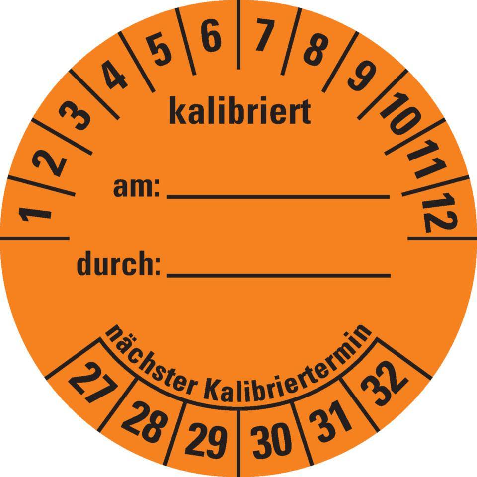 Prüfplakette kalibriert 27-32, orange, Dokumentenfolie, selbstklebend, Ø 40mm, 10/Bogen