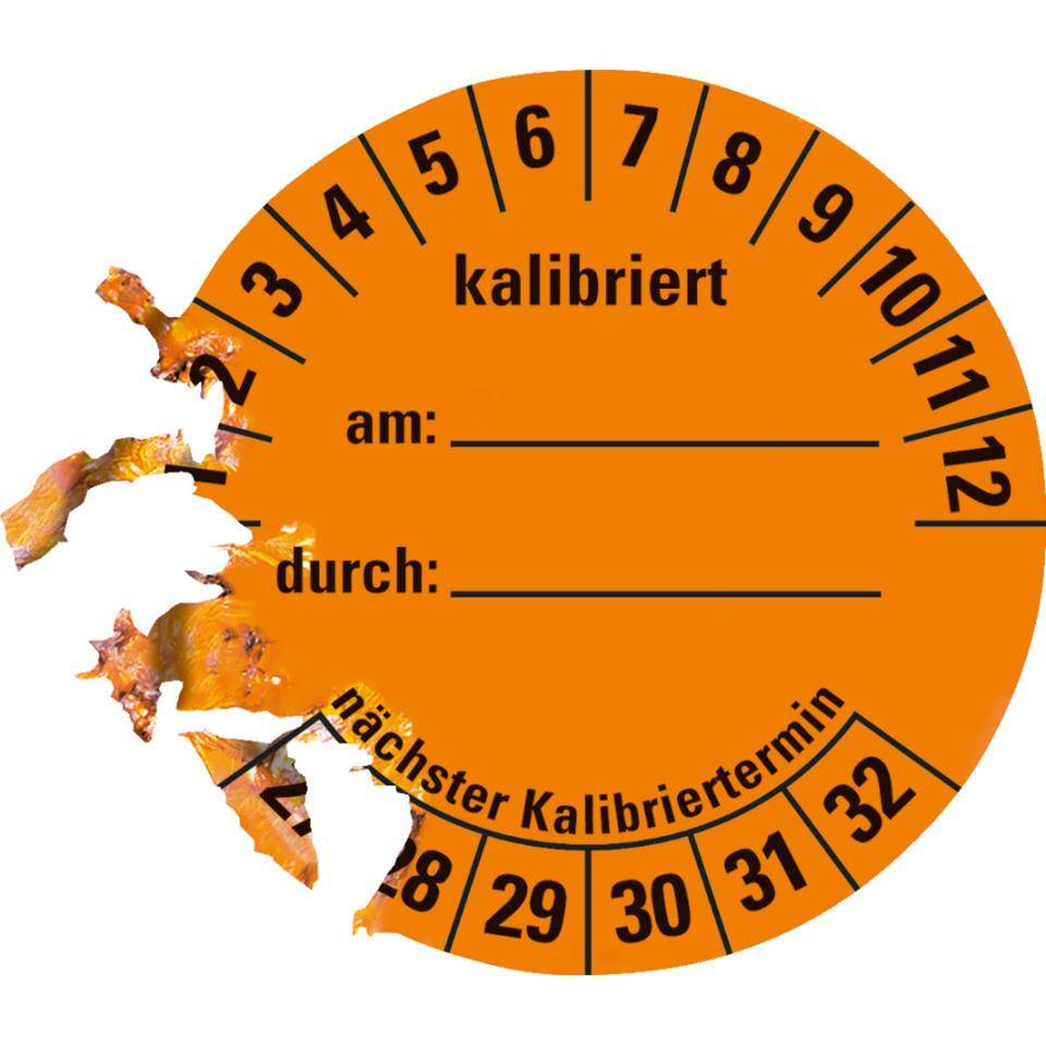 Prüfplakette kalibriert 27-32, orange, Dokumentenfolie, selbstklebend, Ø 40mm, 10/Bogen