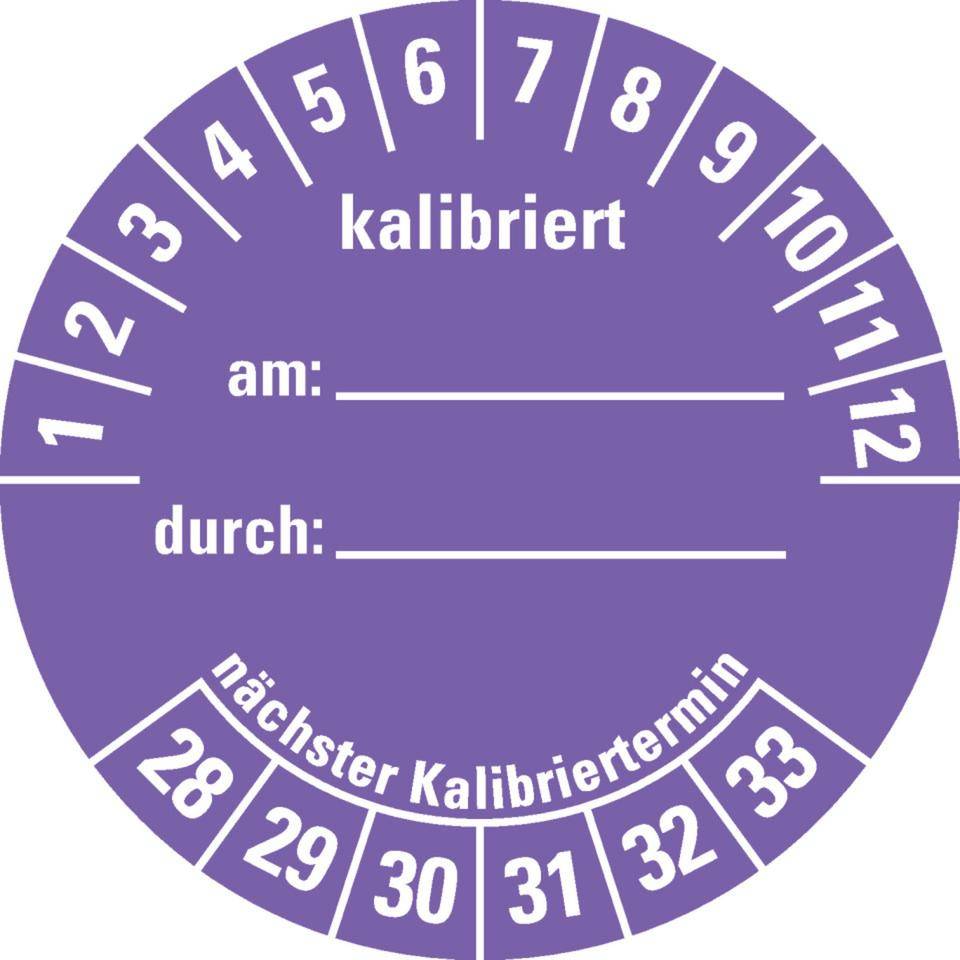 Prüfplakette kalibriert 28-33, violett, Dokumentenfolie, selbstklebend, Ø 40mm, 10/Bogen