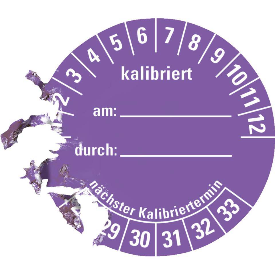 Prüfplakette kalibriert 28-33, violett, Dokumentenfolie, selbstklebend, Ø 40mm, 10/Bogen