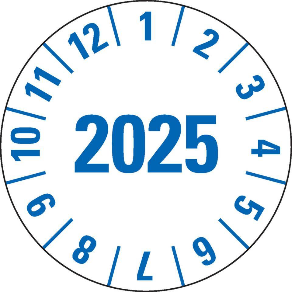 Prüfplakette 2025, weiß, Folie,mit Spezialkleber,Oberflächenschutz, Ø25mm, 500/Rolle