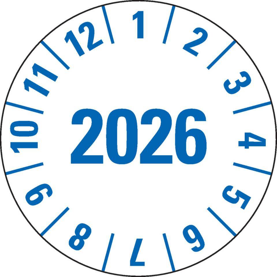Prüfplakette 2026, weiß, Folie, mit Spezialkleber , Oberflächenschutz, Ø25mm, 500/Rolle