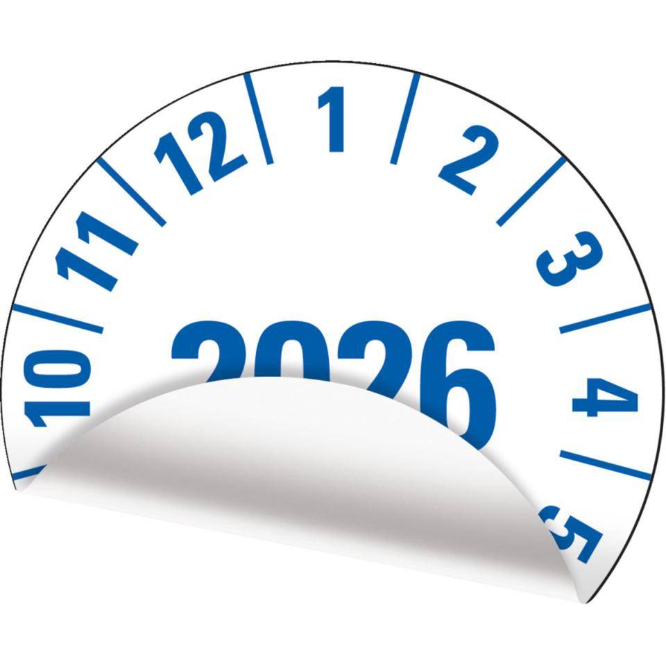 Prüfplakette 2026, weiß, Folie, mit Spezialkleber , Oberflächenschutz, Ø25mm, 500/Rolle