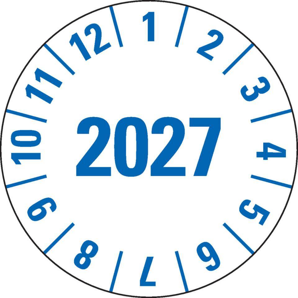 Prüfplakette 2027, weiß, Folie, m.Spezialkleber, Oberflächenschutz, Ø 25mm, 21/Bogen