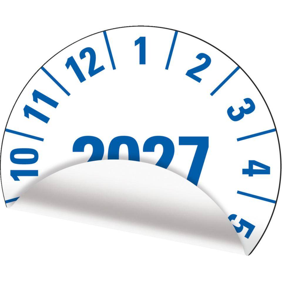 Prüfplakette 2027, weiß, Folie, m.Spezialkleber, Oberflächenschutz, Ø 25mm, 21/Bogen