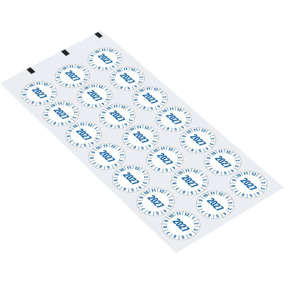 Prüfplakette 2027, weiß, Folie, m.Spezialkleber, Oberflächenschutz, Ø 25mm, 21/Bogen