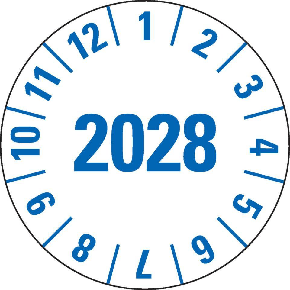 Prüfplakette 2028, weiß, Folie, mit Spezialkleber, Oberflächenschutz, Ø 25mm, 21/Bogen