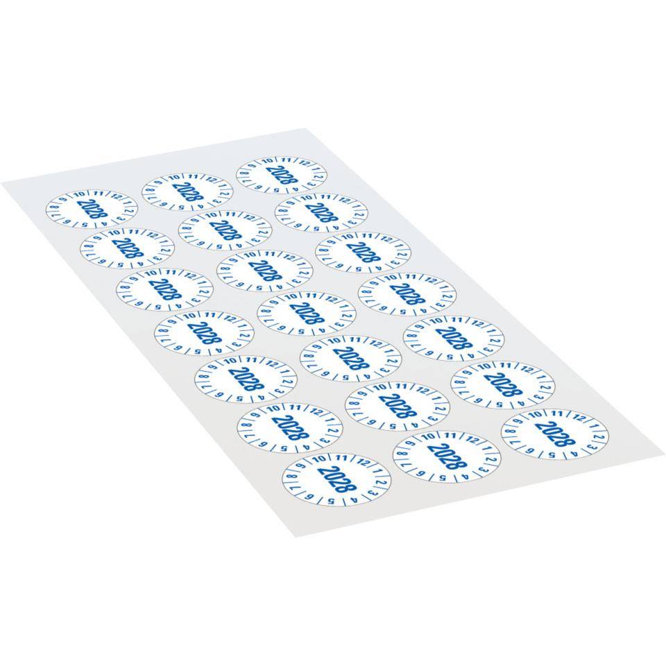 Prüfplakette 2028, weiß, Folie, mit Spezialkleber, Oberflächenschutz, Ø 25mm, 21/Bogen