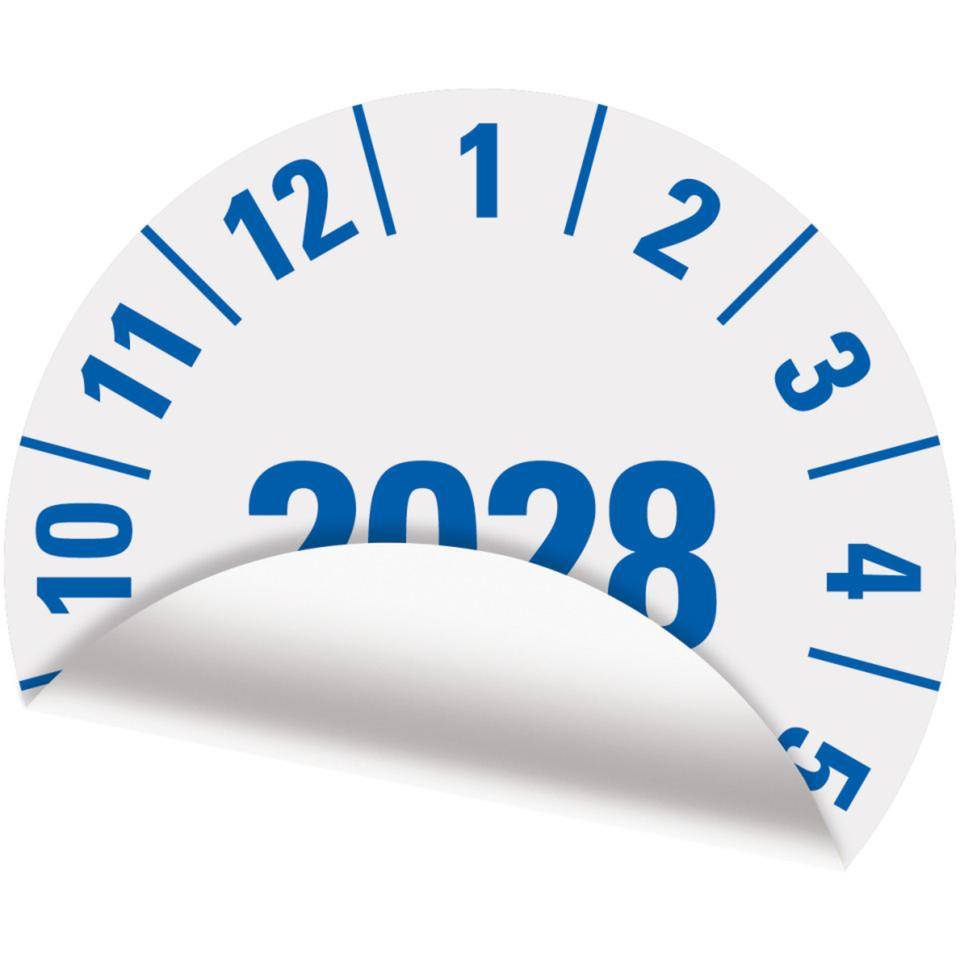 Prüfplakette 2028, weiß, Folie, mit Spezialkleber, Oberflächenschutz, Ø25mm, 500/Rolle