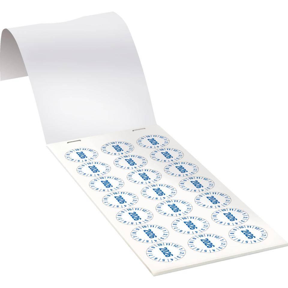Prüfplakette 2026, weiß, Folie, mit Spezialkleber , Oberflächenschutz, Ø 25mm, 105/Heft
