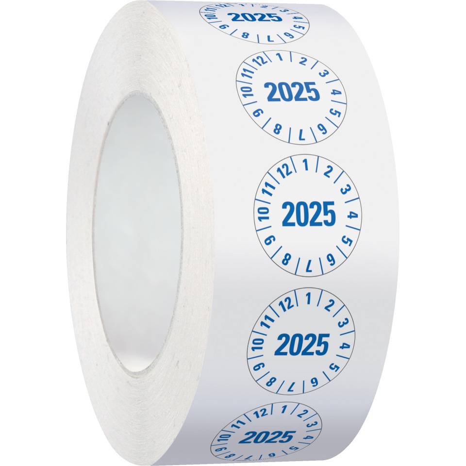 Prüfplakette 2025, weiß, Folie,mit Spezialkleber,Oberflächenschutz, Ø25mm, 500/Rolle