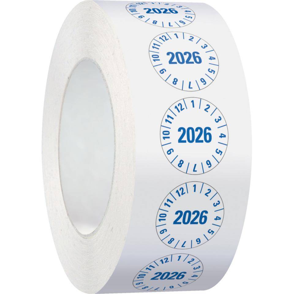 Prüfplakette 2026, weiß, Folie, mit Spezialkleber , Oberflächenschutz, Ø25mm, 500/Rolle