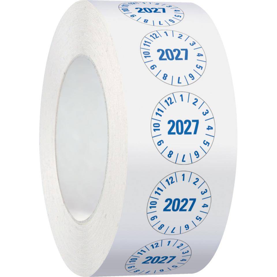 Prüfplakette 2027, weiß, Folie, mit Spezialkleber, Oberflächenschutz, Ø25mm, 500/Rolle