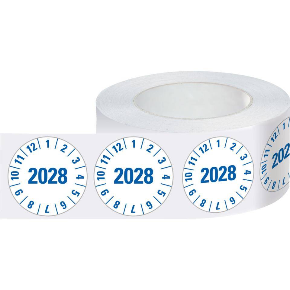 Prüfplakette 2028, weiß, Folie, mit Spezialkleber, Oberflächenschutz, Ø25mm, 500/Rolle
