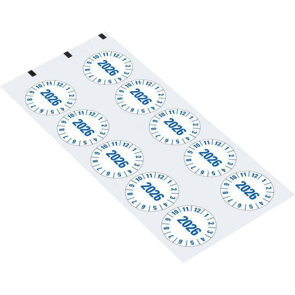 Prüfplakette 2026, weiß, Folie, mit Spezialkleber , Oberflächenschutz, Ø 35mm, 10/Bogen