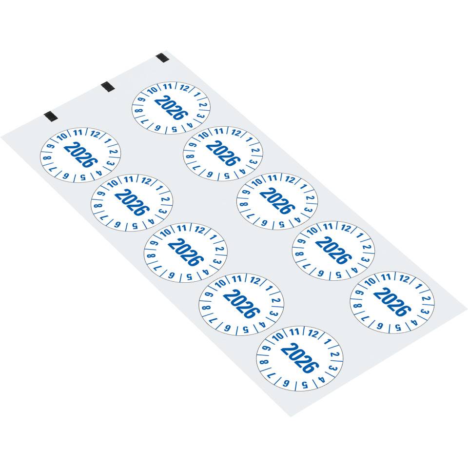 Prüfplakette 2026, weiß, Folie, mit Spezialkleber , Oberflächenschutz, Ø 35mm, 10/Bogen