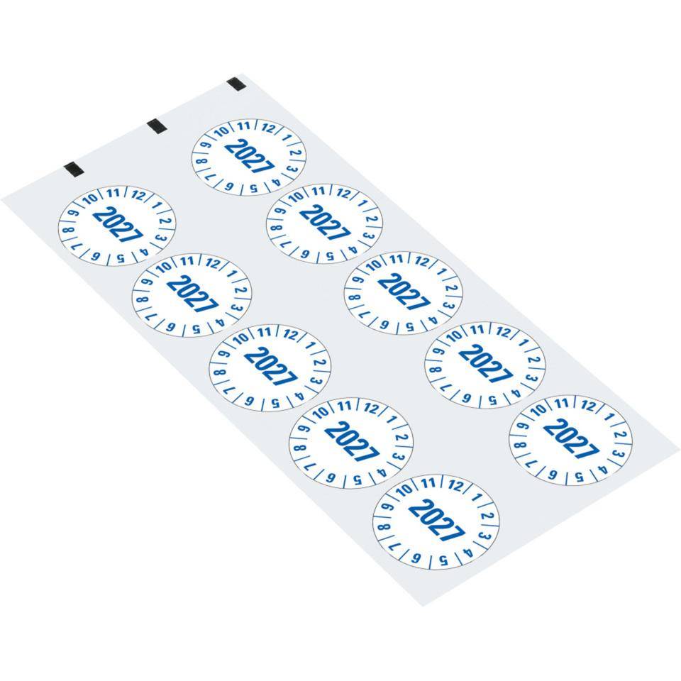 Prüfplakette 2027, weiß, Folie, mit Spezialkleber , Oberflächenschutz, Ø 35mm, 10/Bogen