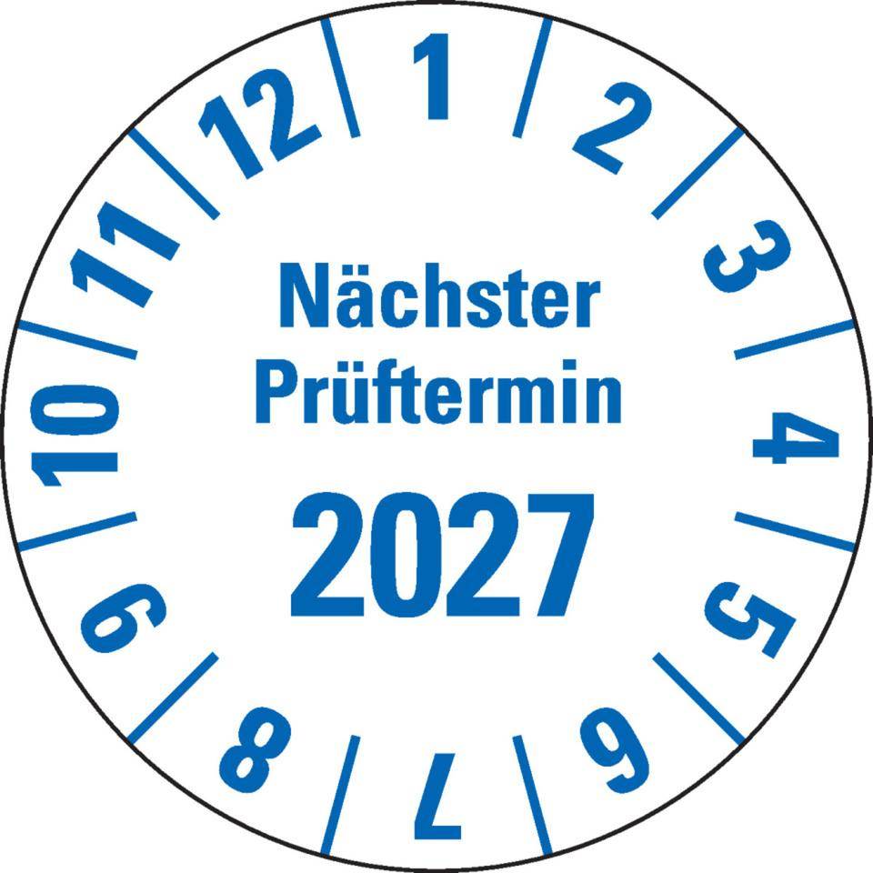 Prüfplakette Nächster Prüftermin 2027, weiß, Folie, mit Spezialkleber, Ø 35mm, 10/Bogen