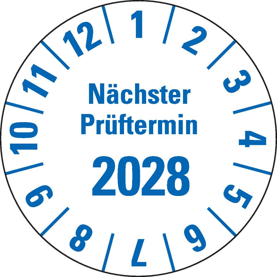 Prüfplakette Nächster Prüftermin 2028, weiß, Hochleistungsfolie, Oberflächenschutz, Ø25mm, 21/Bogen