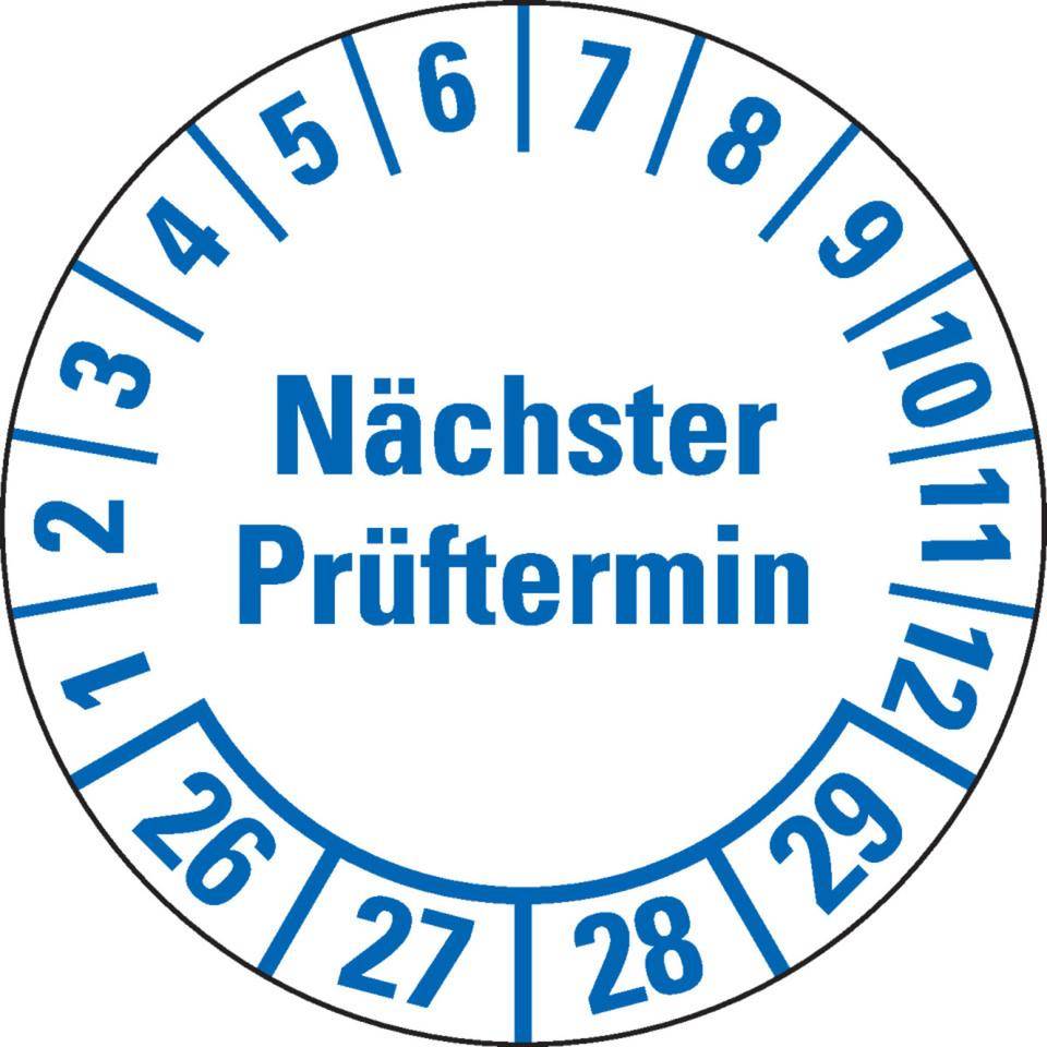Prüfplakette Nächster Prüftermin 26-29, weiß, Folie, mit Spezialkleber, Ø 35mm, 10/Bogen