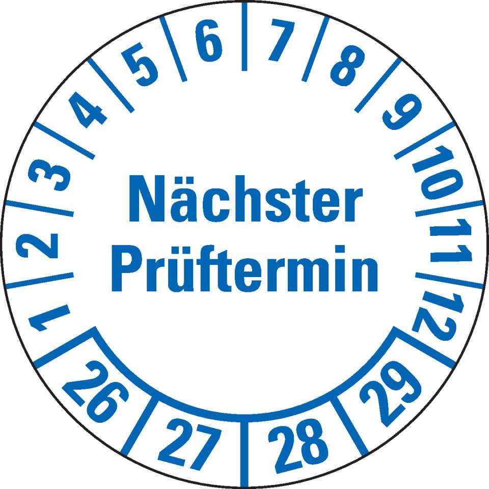 Prüfplakette Nächster Prüftermin 26-29, weiß, Folie, mit Spezialkleber, Ø 25mm, 21/Bogen