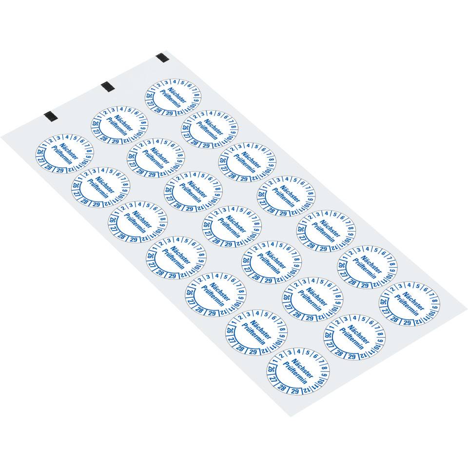 Prüfplakette Nächster Prüftermin 26-29, weiß, Folie, mit Spezialkleber, Ø 25mm, 21/Bogen