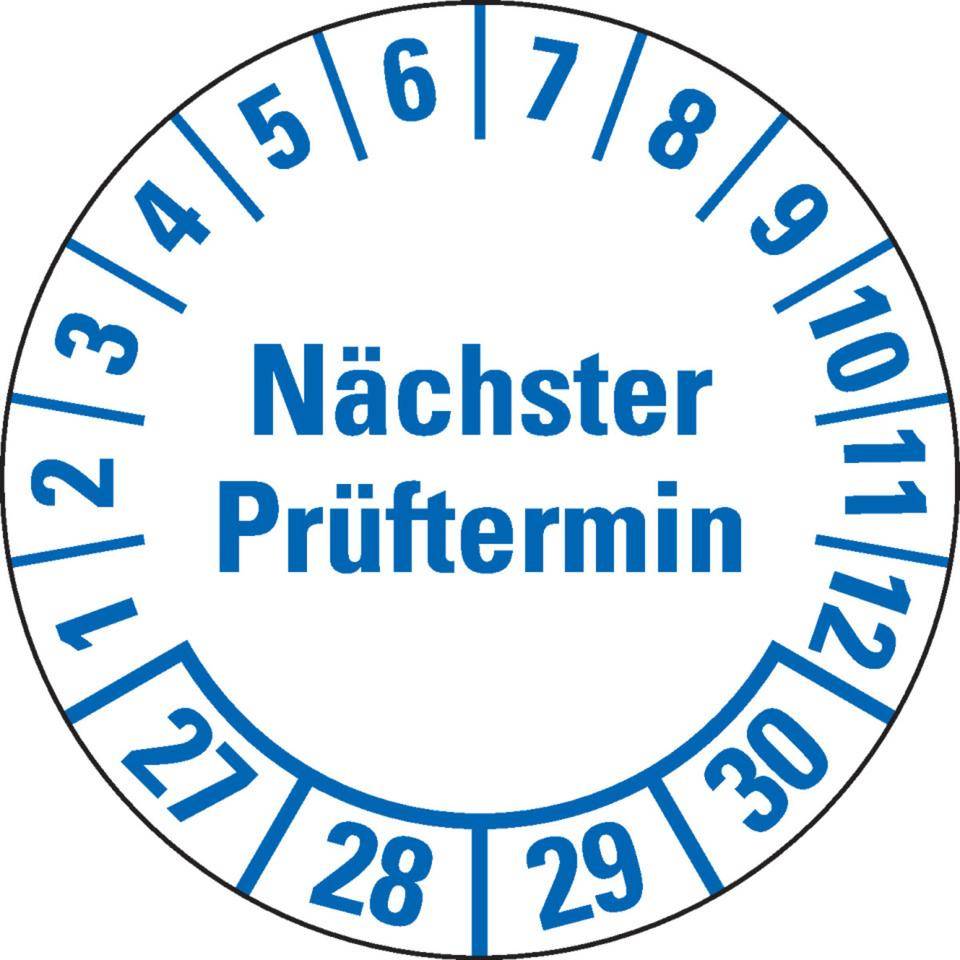 Prüfplakette Nächster Prüftermin 27-30, weiß, Folie, Spezialkleber, Ø 25mm, 500/Rolle