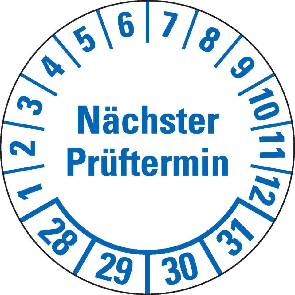 Prüfplakette Nächster Prüftermin 28-31, weiß, Folie, mit Spezialkleber, Ø 35mm, 10/Bogen