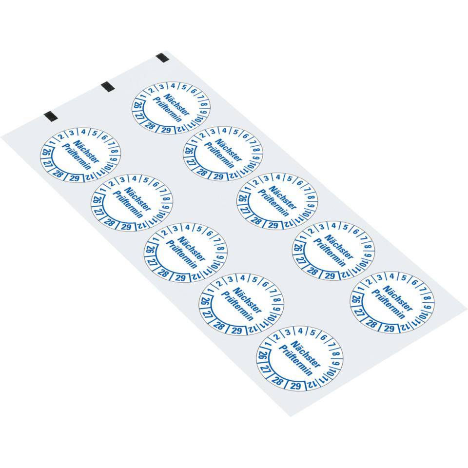 Prüfplakette Nächster Prüftermin 26-29, weiß, Folie, mit Spezialkleber, Ø 35mm, 10/Bogen
