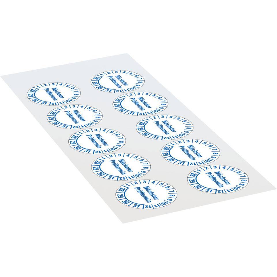 Prüfplakette Nächster Prüftermin 28-31, weiß, Folie, mit Spezialkleber, Ø 35mm, 10/Bogen